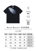 Black crewneck graphic T-shirt with size chart