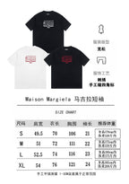 Three graphic T-shirts and size chart: white and black options