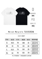 T-shirt size chart panel with white and black crewneck T-shirts