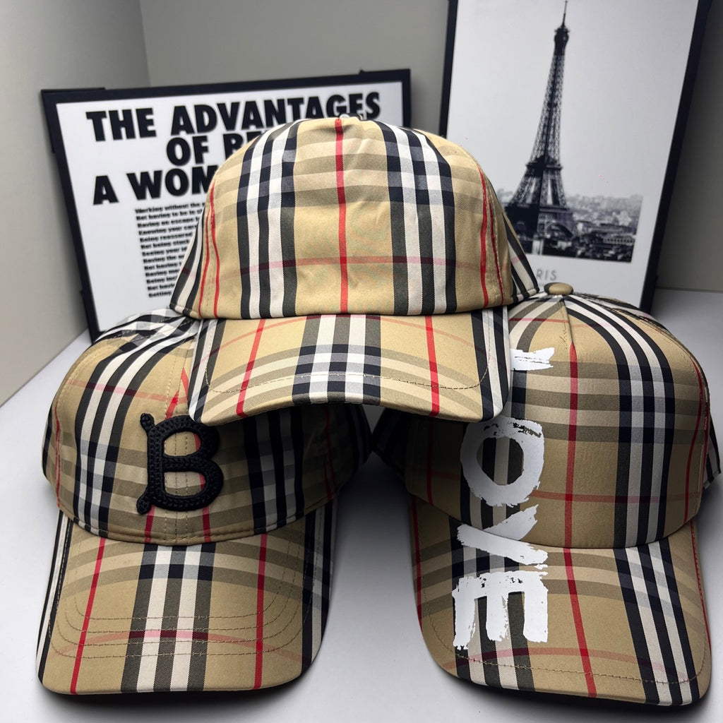 Set of Burberry check baseball caps, beige navy red plaid with B and E logos