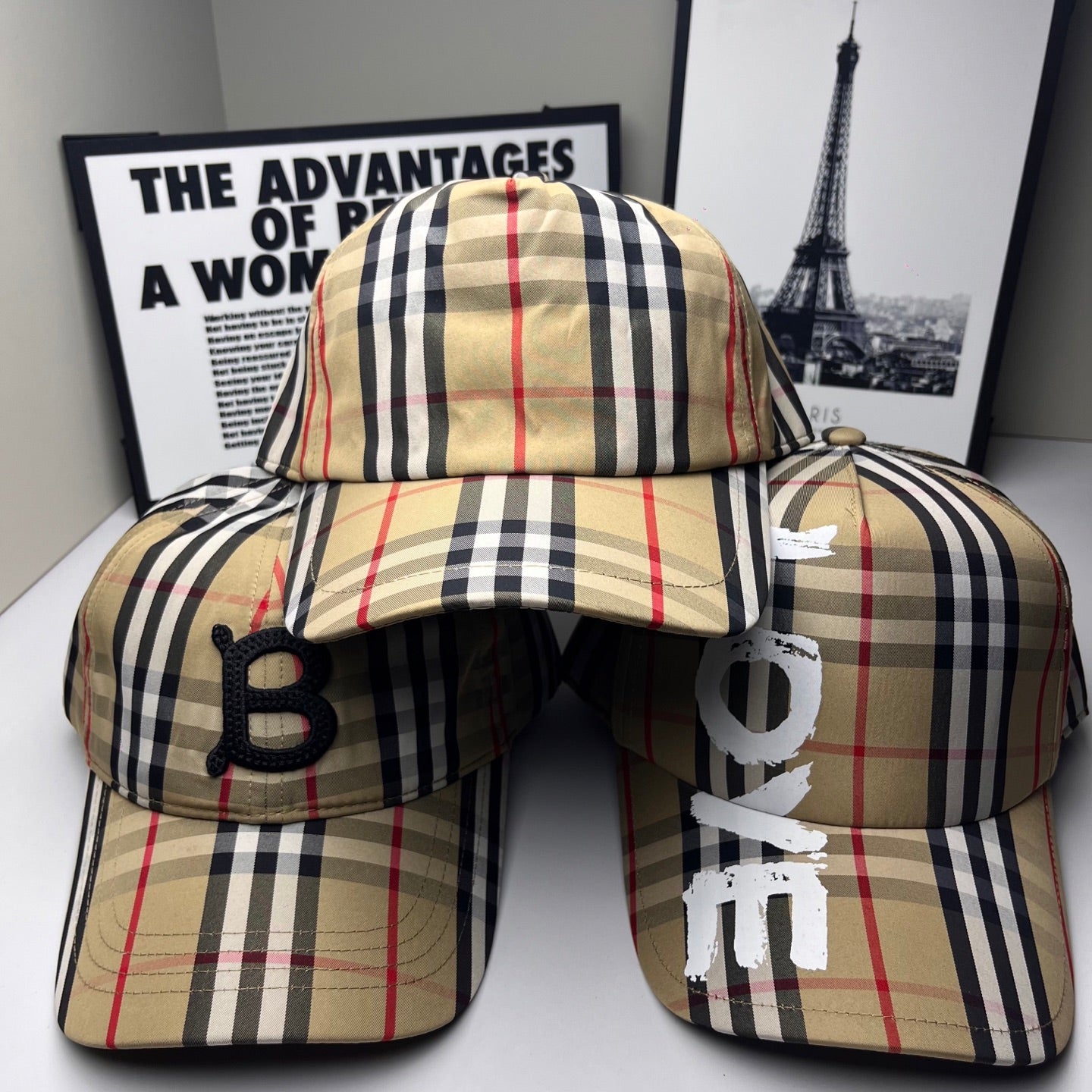 Set of Burberry check baseball caps, beige navy red plaid with B and E logos
