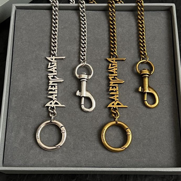 Balenciaga logo keychain necklace set, gold and silver chains in box