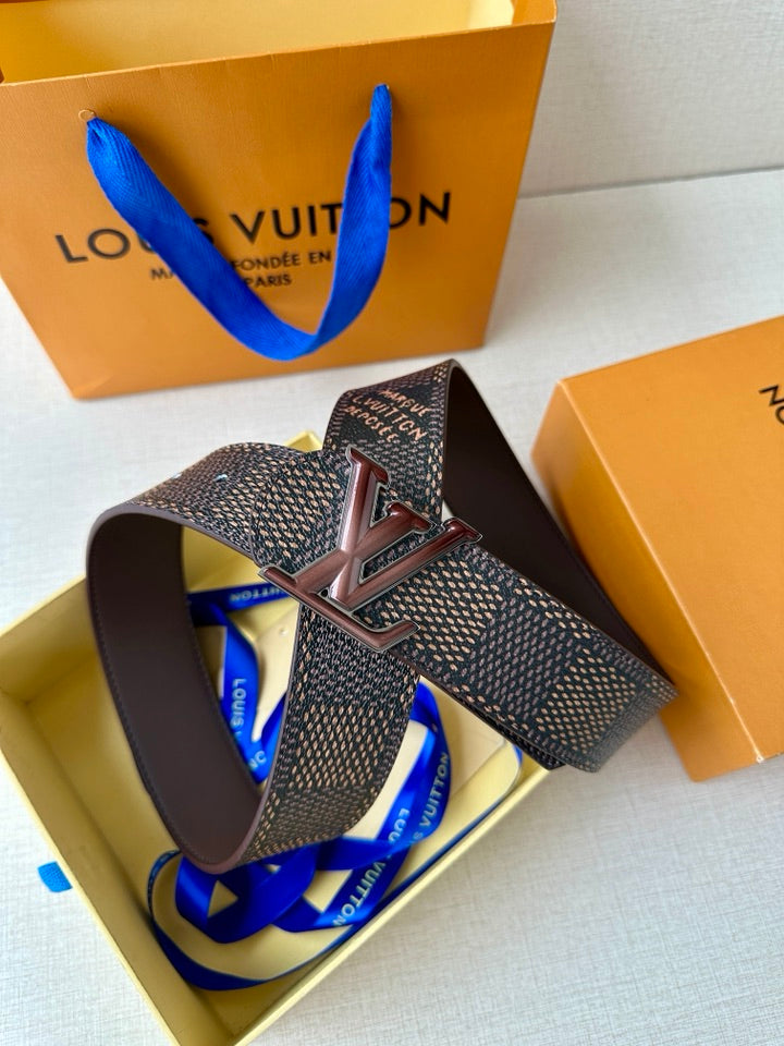 Belt with dark monogram strap, brown underside, and LV buckle