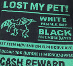 Green knit sweater with “LOST MY PET?” graphic lettering