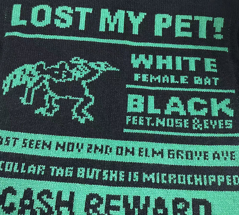 Green knit sweater with “LOST MY PET?” graphic lettering