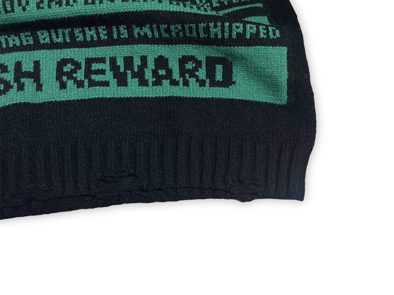 Green knit sweater with ribbed hem and partial graphic stripe