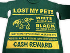 Green knit sweater with “LOST MY PET?” graphic and yellow “CASH REWARD” panel