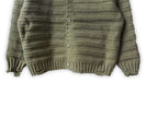 Olive green knit cardigan front with button closures and ribbed hem