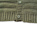 Olive green knit cardigan placket with two buttons and ribbed detailing