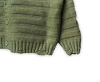 Olive green knit cardigan lower front with ribbed hem and cuffs
