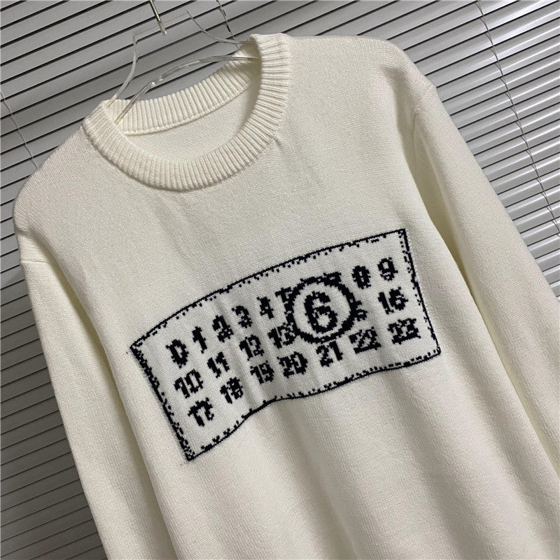 Cream crewneck knit sweater with arched number graphic panel on the chest
