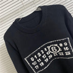 Navy crewneck sweater close-up of number graphic panel across upper chest