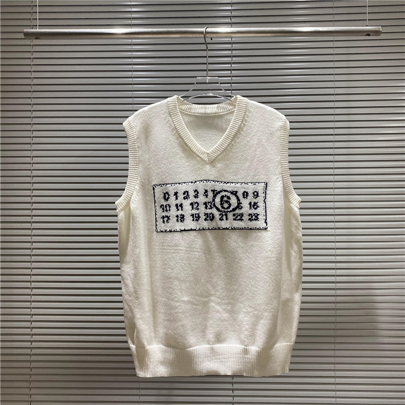 Cream sleeveless knit vest with V-neck and graphic number patch on chest