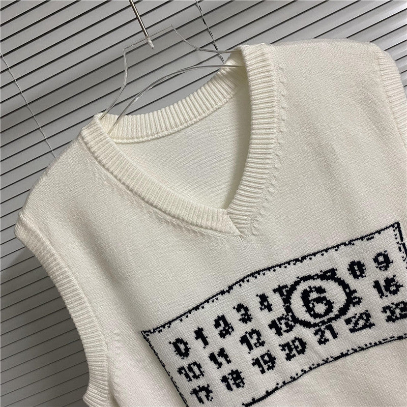 Cream knit vest V-neck with embroidered number graphic patch on chest