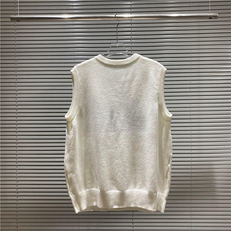 Cream sleeveless knit vest with V-neck and chest number patch
