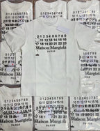 White graphic T-shirt showing front and back views with Maison Margiela number print