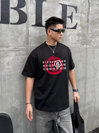 Men's black T-shirt with red face numbers graphic on chest