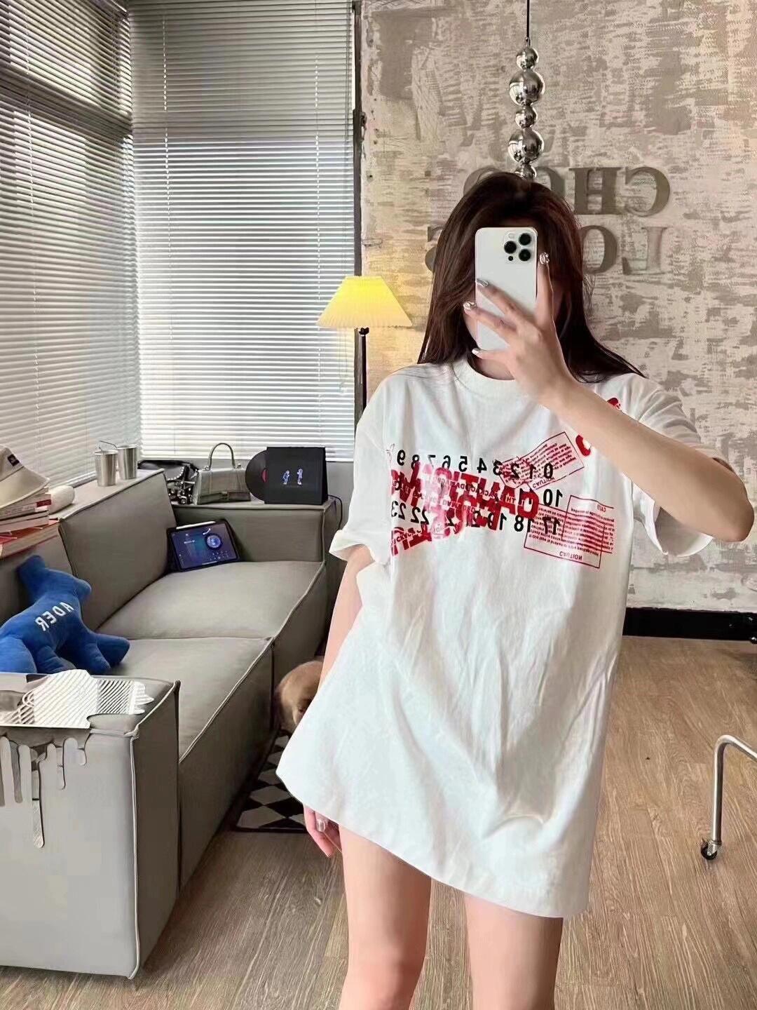 White oversized T-shirt with red Maison Margiela graphic print, short sleeves