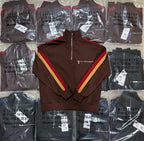 Brown long-sleeve quarter-zip pullover with red and yellow stripe paneling