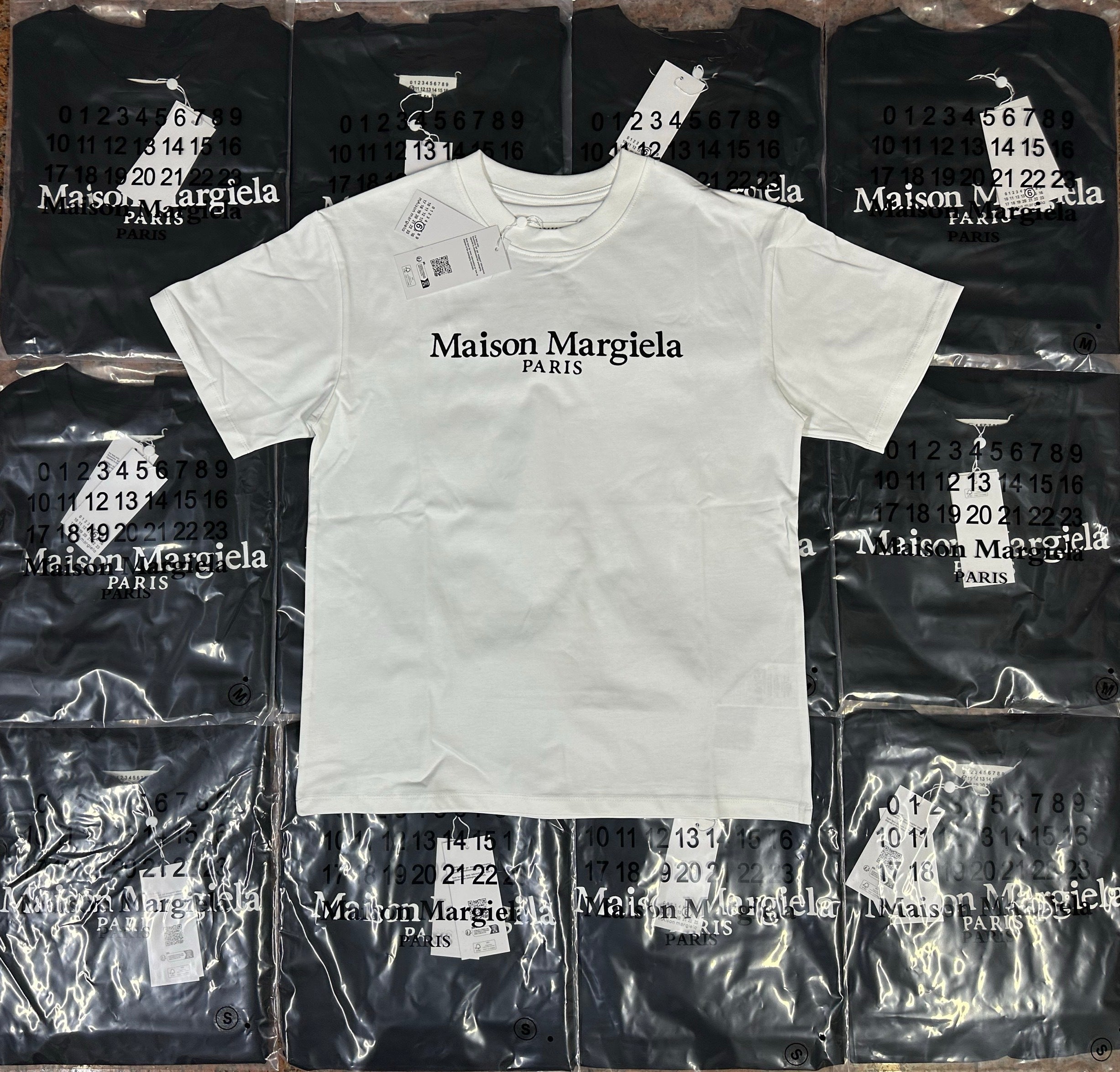 White short-sleeve T-shirt with Maison Margiela PARIS logo and barcode tag on chest
