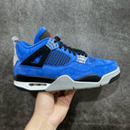 Air Jordan 4 sneakers in blue suede with black panels, clear lace piece, white midsole