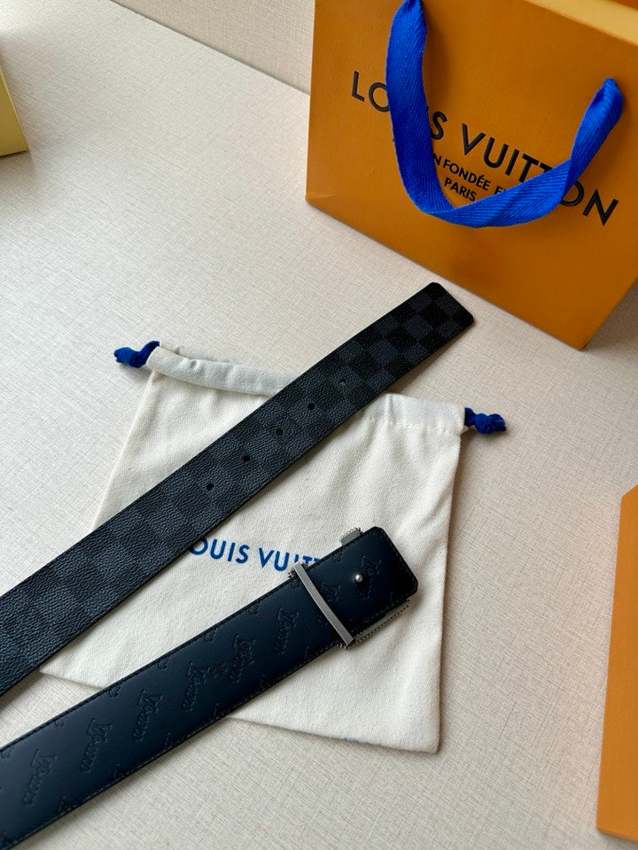 Checkered leather belt strap with silver-toned LV buckle and stud holes