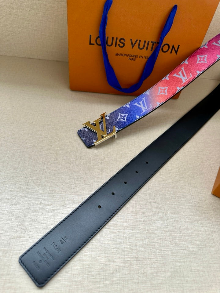 Blue patterned belt strap with silver LV buckle, with matching leather belt strap
