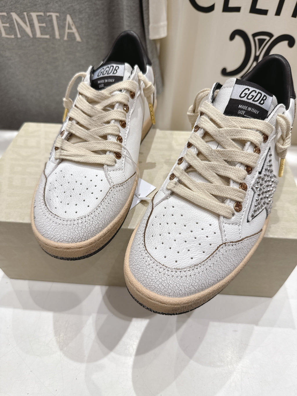 Golden Goose sneakers, white leather with cream laces, perforated toe and tan sole
