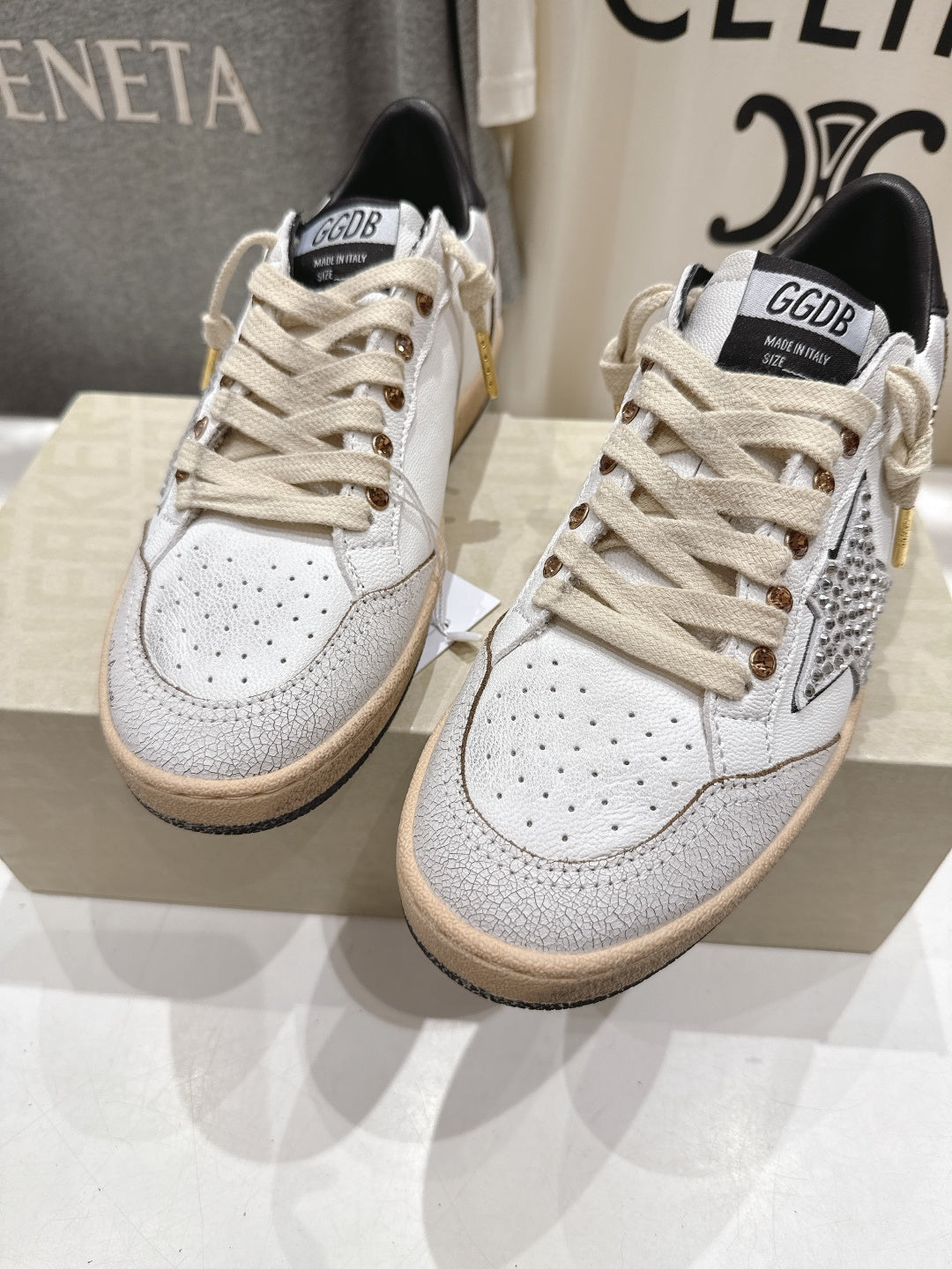 Golden Goose sneakers, white leather with cream laces, perforated toe and tan sole