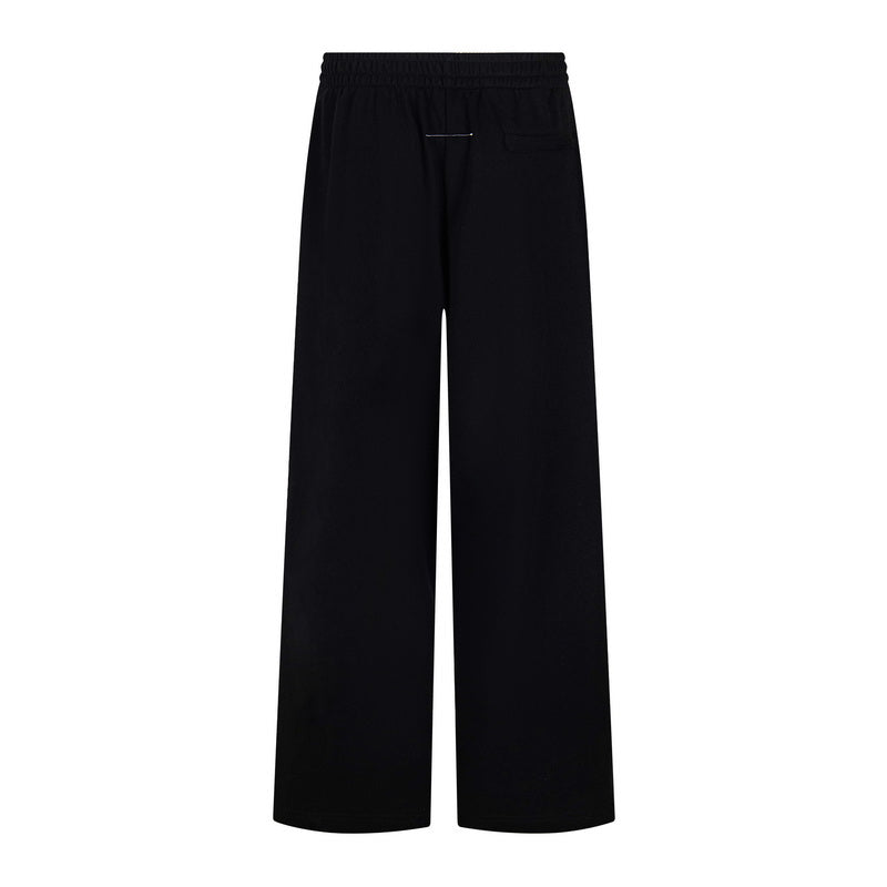 Dark wide-leg trousers with elastic waistband and center crease