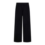 Dark wide-leg trousers with elastic waistband and center crease