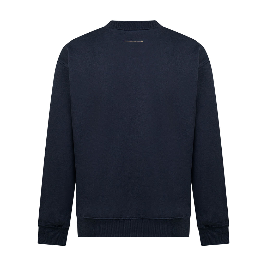 Navy crewneck sweatshirt with minimal chest logo, long sleeves