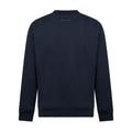 Navy crewneck sweatshirt with minimal chest logo, long sleeves