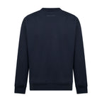 Navy crewneck sweatshirt with minimal chest logo, long sleeves