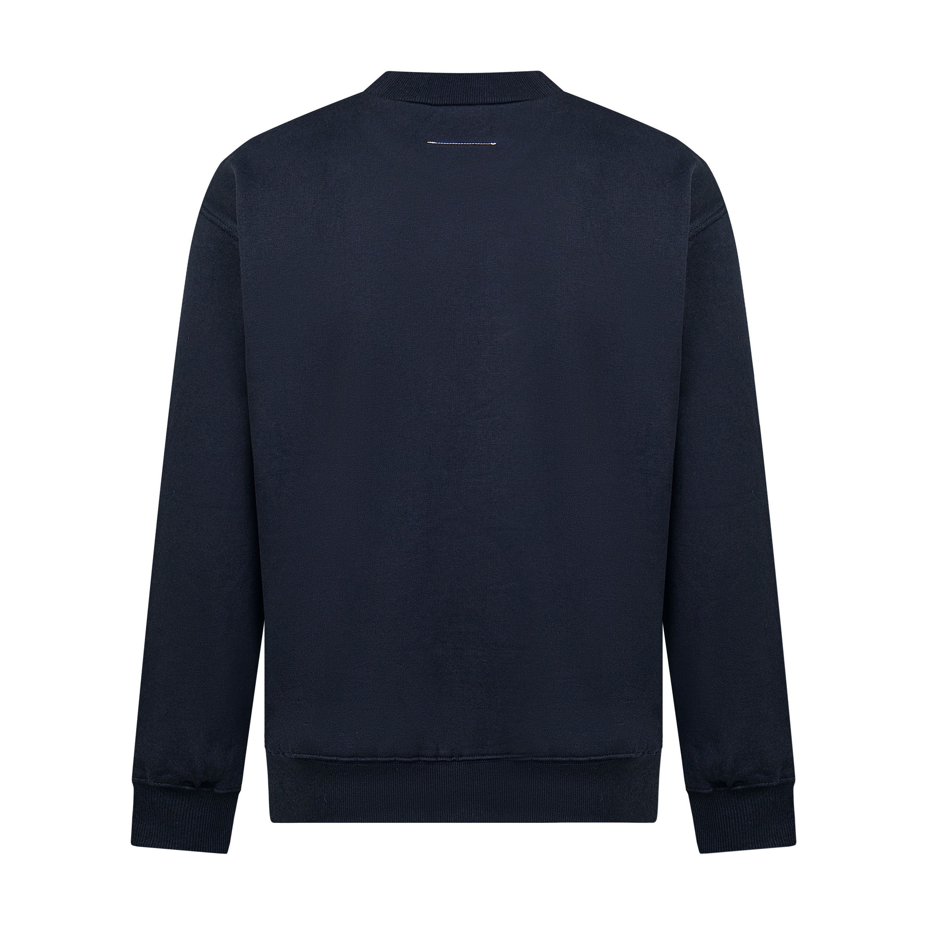 Navy crewneck sweatshirt with minimal chest logo, long sleeves