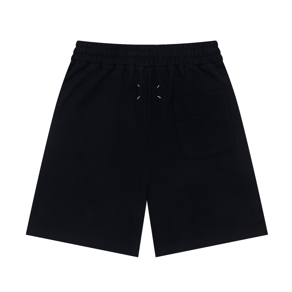 Black shorts with elastic waistband, drawstring, and side pocket