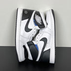 Back/side view of white and black high-top sneakers with black heel tabs and blue trim