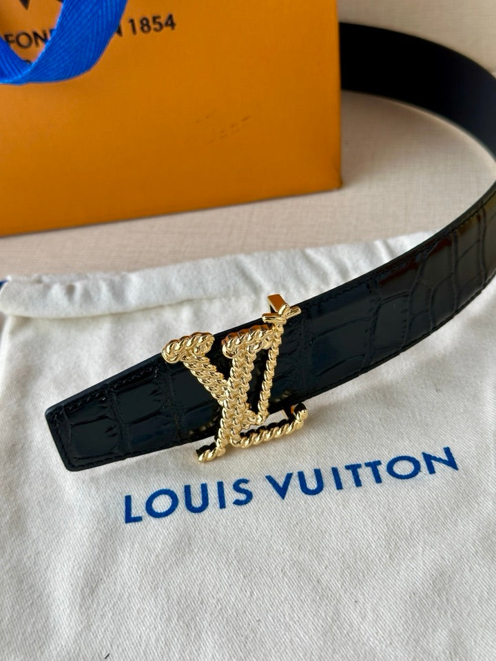 Dark blue croc-embossed leather belt with gold-tone LV buckle, angled view