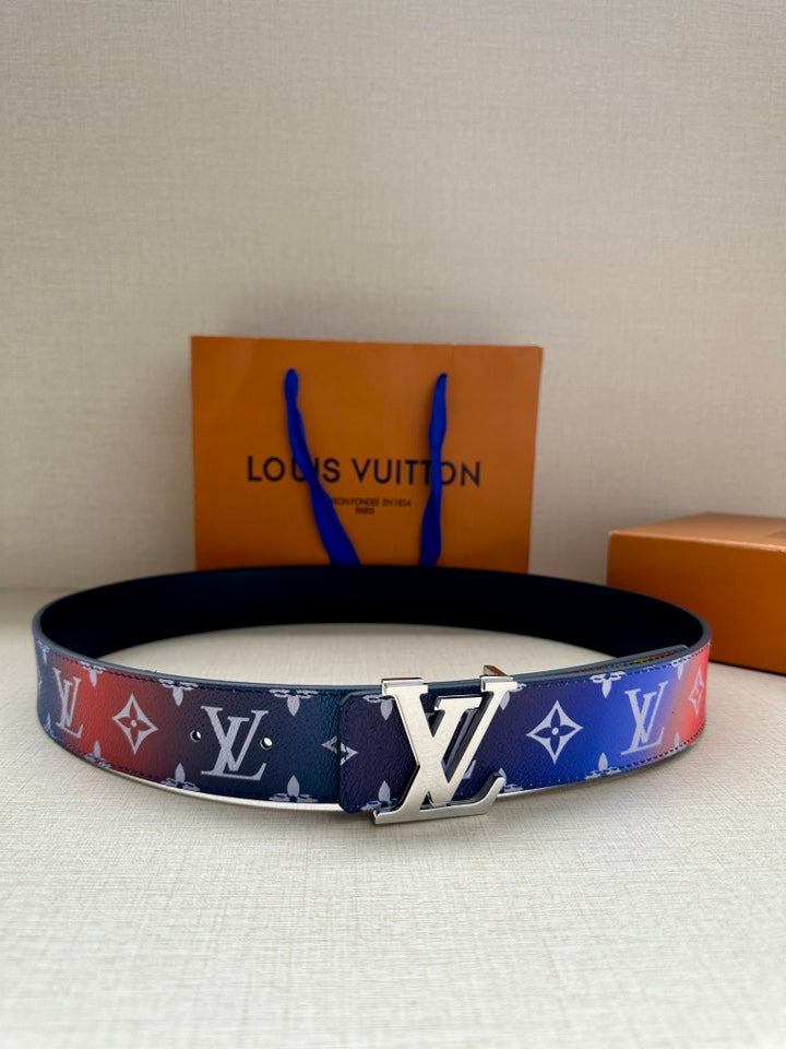 Logo-print belt with blue patterned webbing and silver LV buckle
