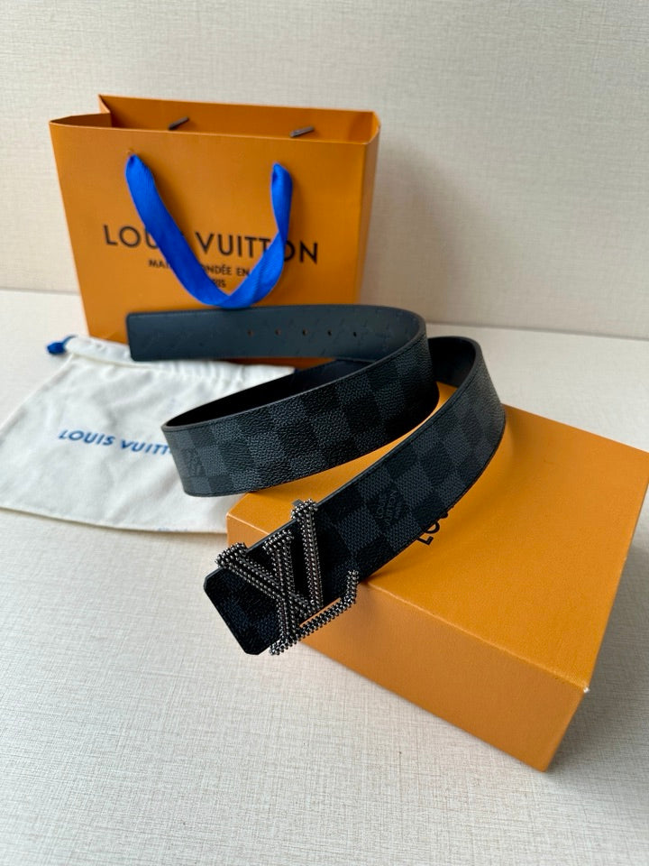 Checkered leather belt with silver-toned LV buckle, shown at an angle