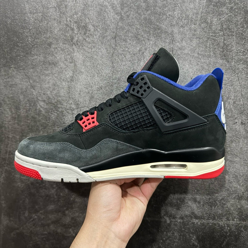 Dark green high-top sneaker side view with black panel, blue collar, red heel tab