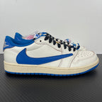 White and blue low-top sneakers with black laces and blue swoosh detail