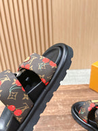 Louis Vuitton cherry-print slide sandals, open-toe view with patterned upper