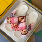 Fendi sandals in box: pink and brown checkered scarf straps with gold buckles