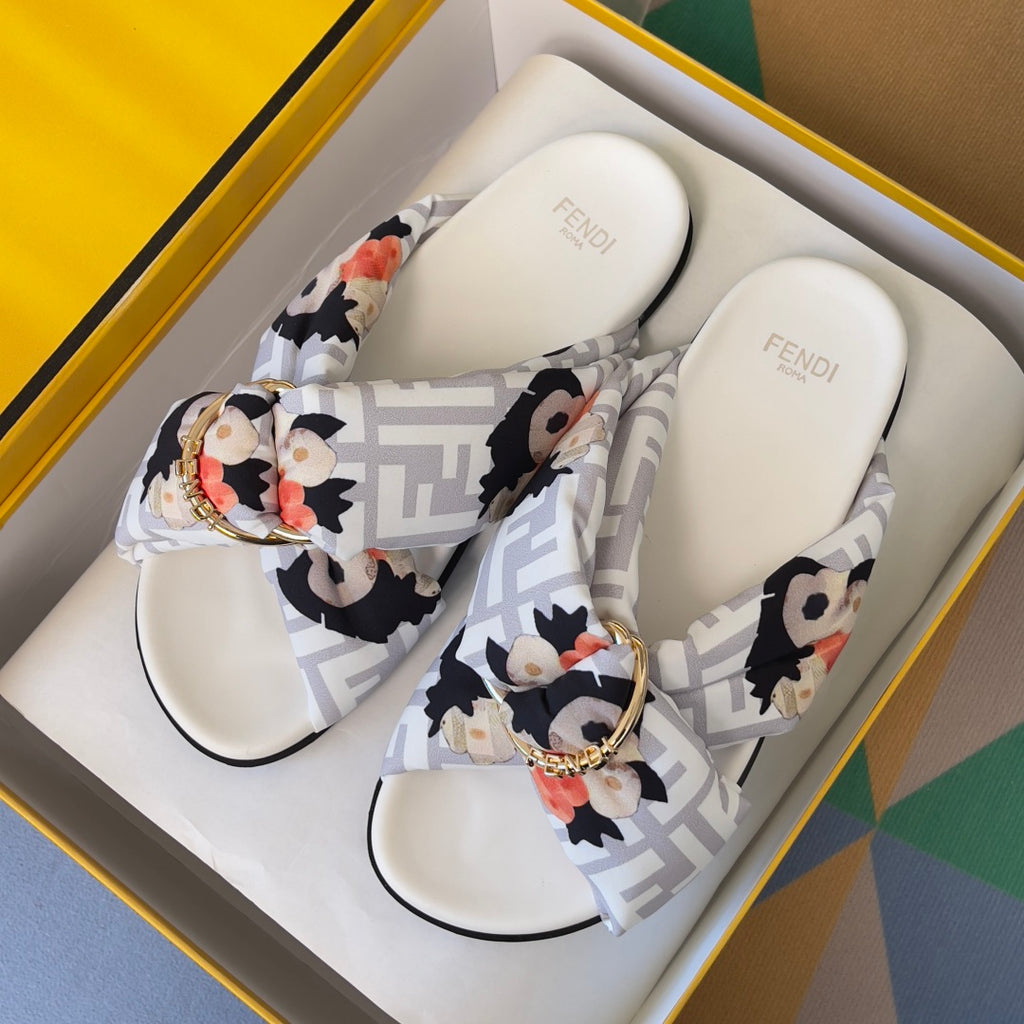 Fendi sandals in box, white slide sandals with floral Fendi FF straps and gold buckle