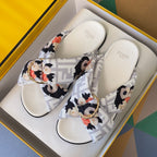 Fendi sandals in box, white slide sandals with floral Fendi FF straps and gold buckle
