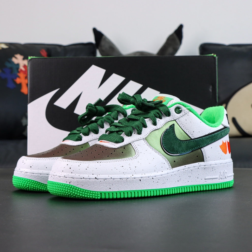 Air Force 1 sneakers, white upper with green swoosh and green laces; low profile.