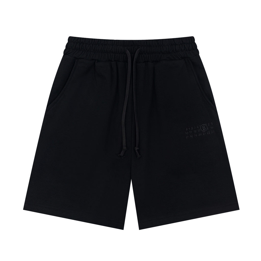 Black shorts with elastic waistband, drawstring, and back pocket detail