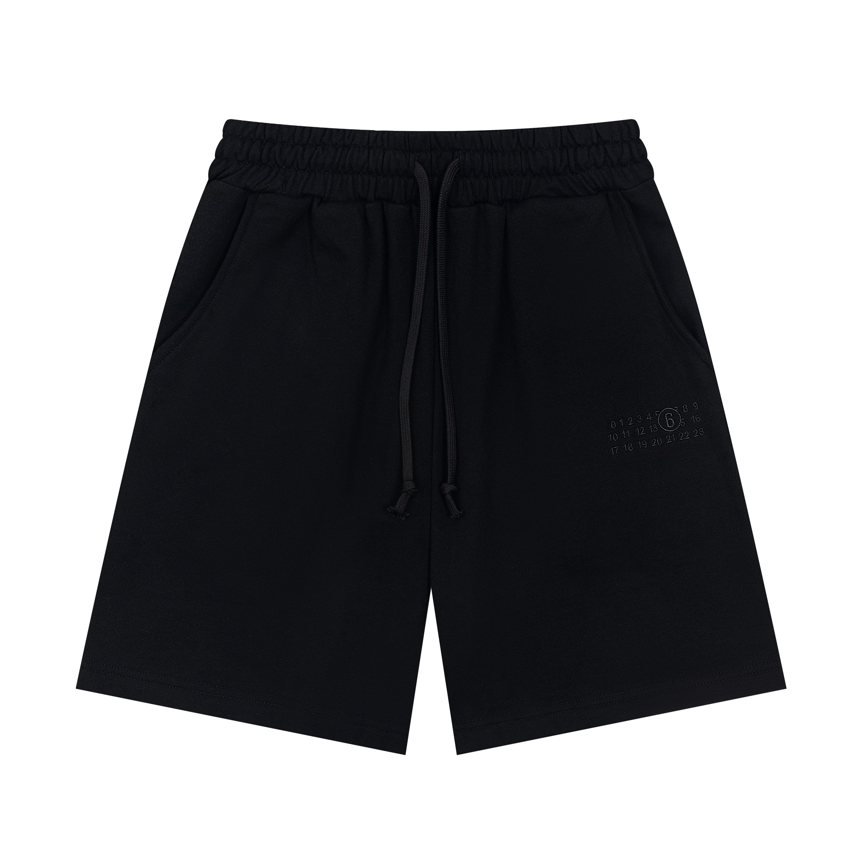 Black shorts with elastic waistband, drawstring, and back pocket detail