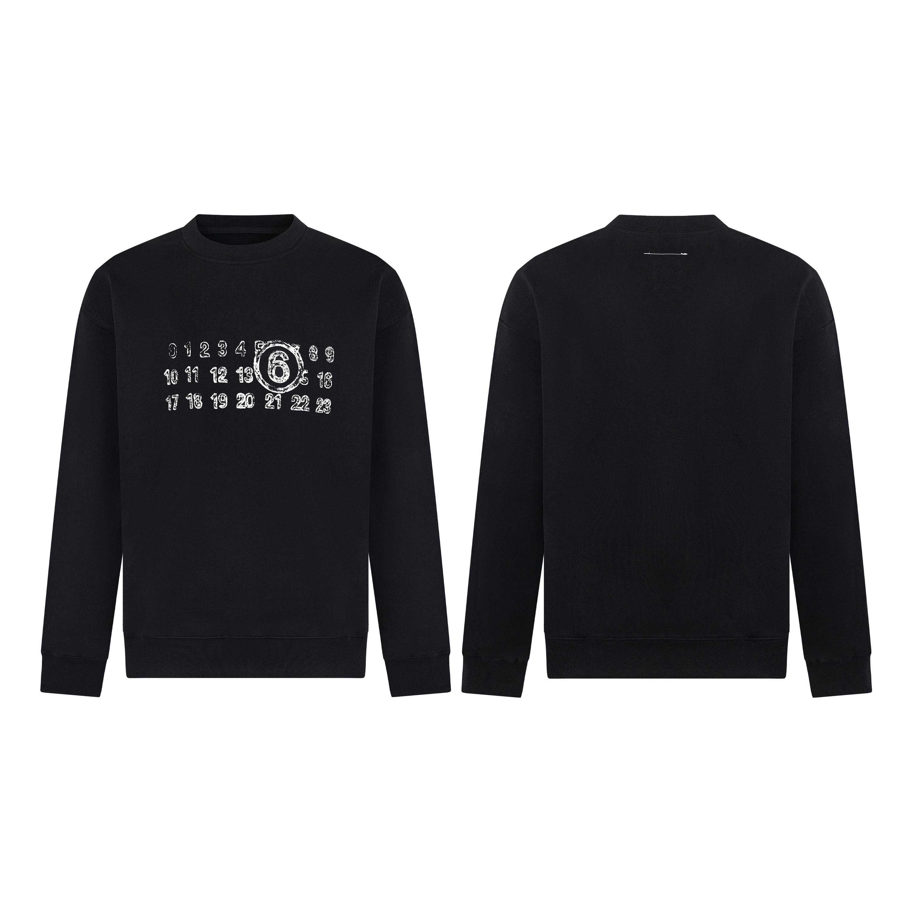 Black crewneck sweatshirt back view with small numbers and '6' graphic print